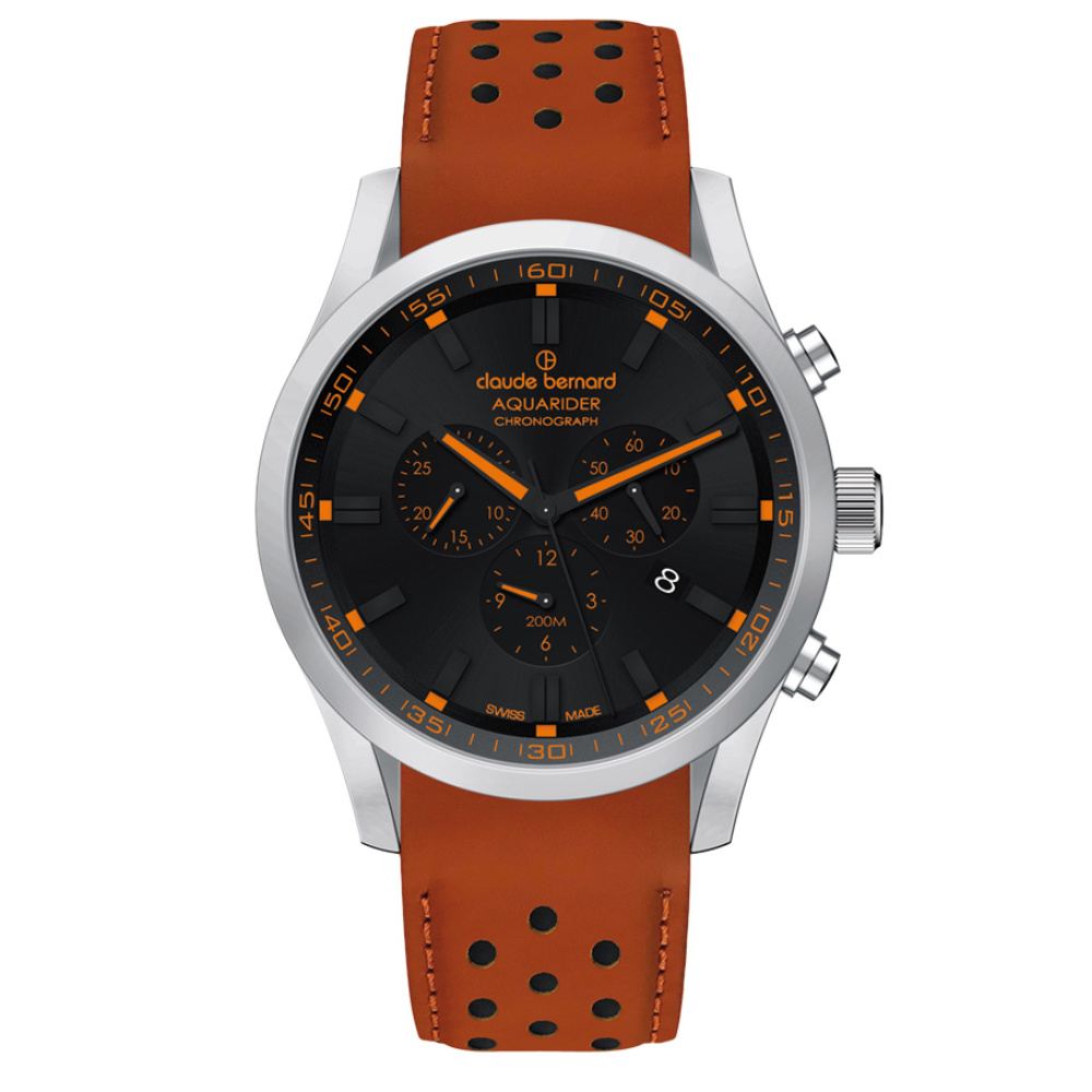 Reloj Claude Bernard Aquarider 44mm Cuarzo Acero Esfera Negra Cuero Naranjo – 102223CNINOO