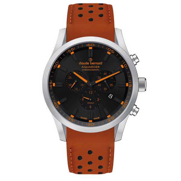 Reloj Claude Bernard Aquarider 44mm Cuarzo Acero Esfera Negra Cuero Naranjo – 102223CNINOO