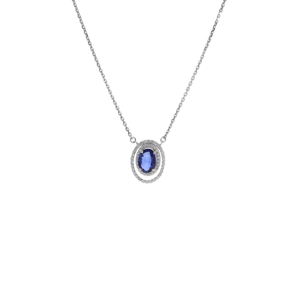 Collar Oro Blanco Zafiro Azul y Brillantes CO13317
