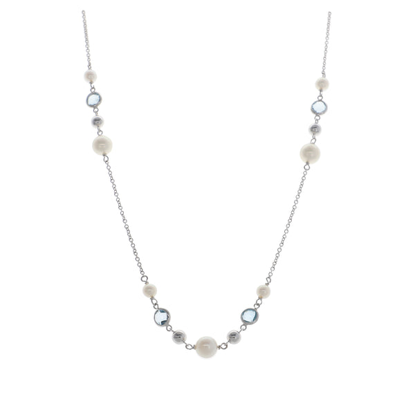 Collar Oro Blanco con Perlas Cultivadas y Topacio Azul CO13568