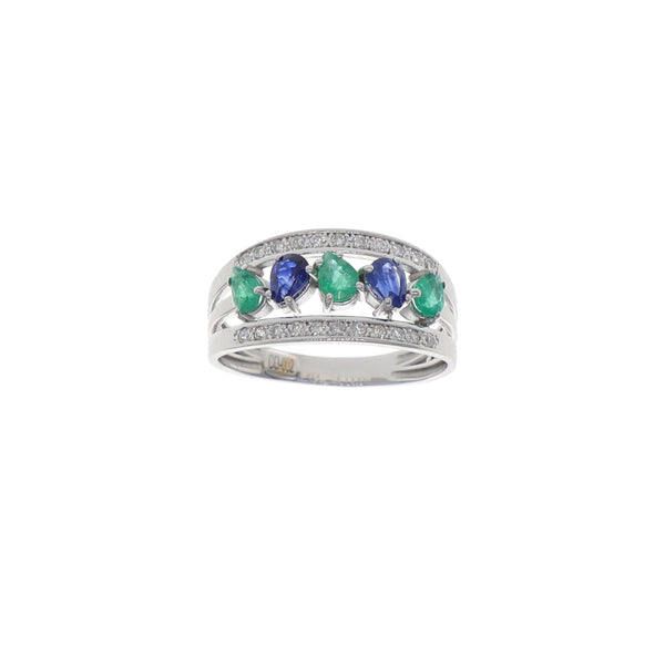 Anillo Oro Blanco con Zafiros, Esmeraldas y Brillantes AN-13581
