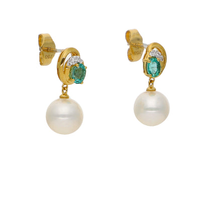 Aros Oro Amarillo Esmeraldas, Perlas y Brillantes AR-14032