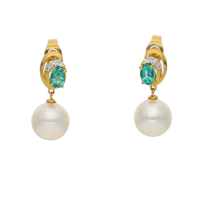 Aros Oro Amarillo Esmeraldas, Perlas y Brillantes AR-14032
