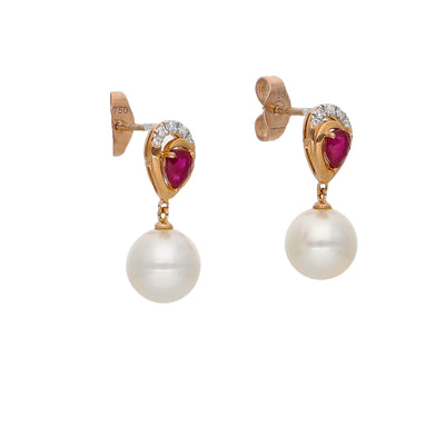 Aros Oro Rosa Rubí, Perlas y Brillantes AR-14034