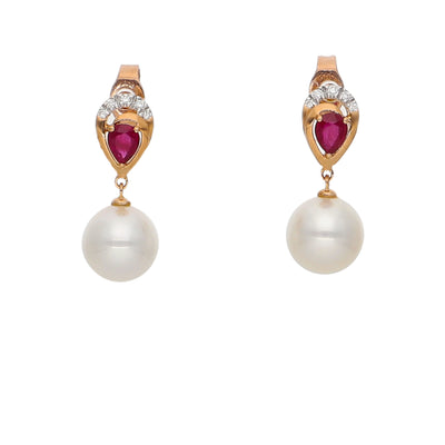 Aros Oro Rosa Rubí, Perlas y Brillantes AR-14034