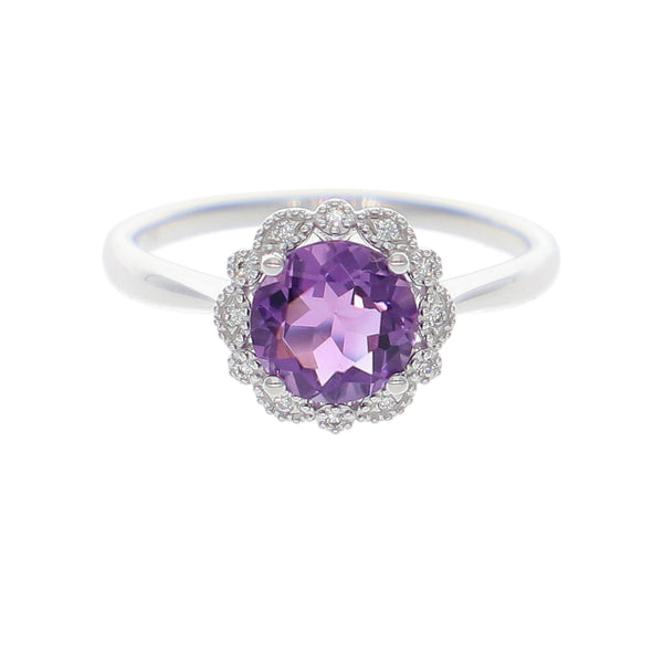 Anillo Oro Blanco, Amatista y Brillantes AN-14089