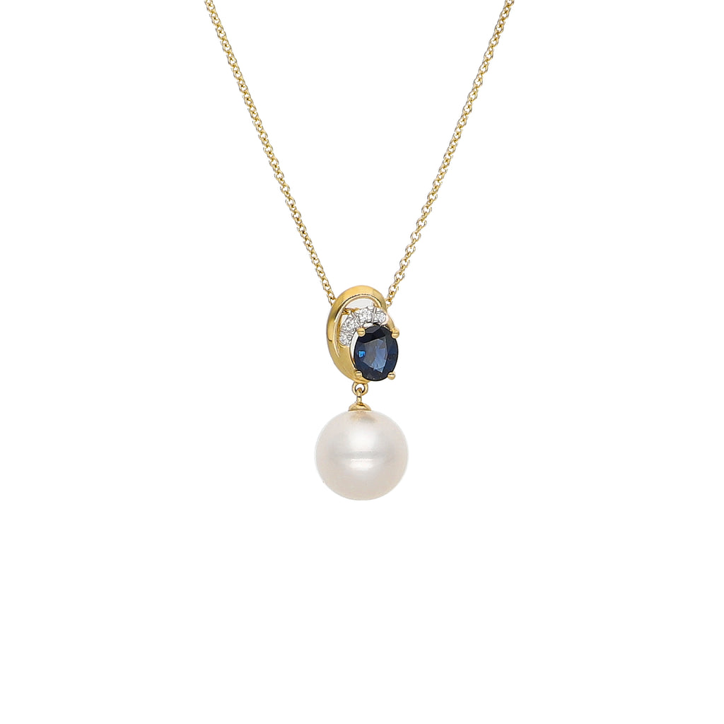 Collar Oro Amarillo, Perla, Zafiro Azul y Brillantes CO-14094