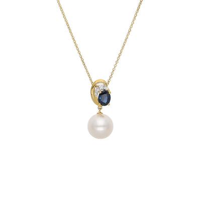 Collar Oro Amarillo, Perla, Zafiro Azul y Brillantes CO-14094