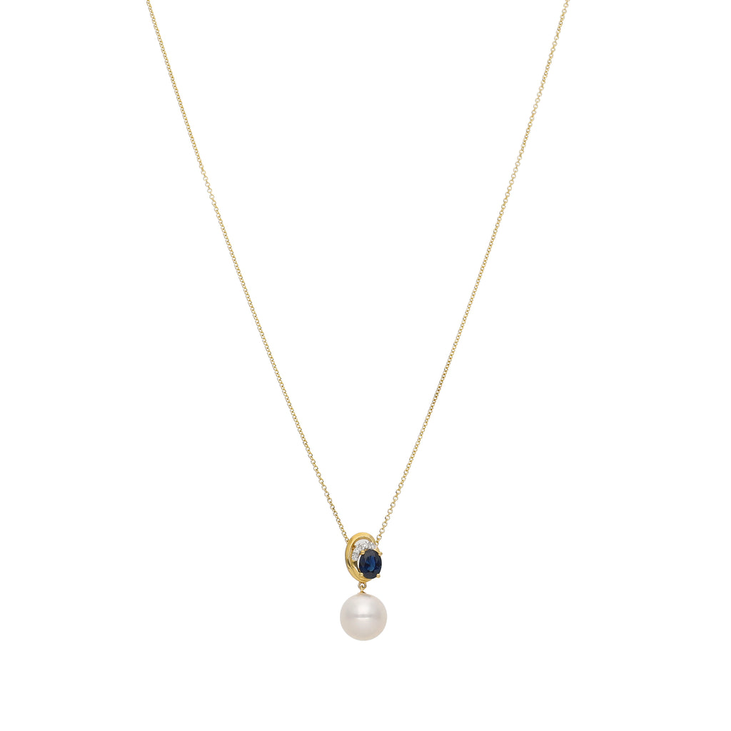Collar Oro Amarillo, Perla, Zafiro Azul y Brillantes CO-14094