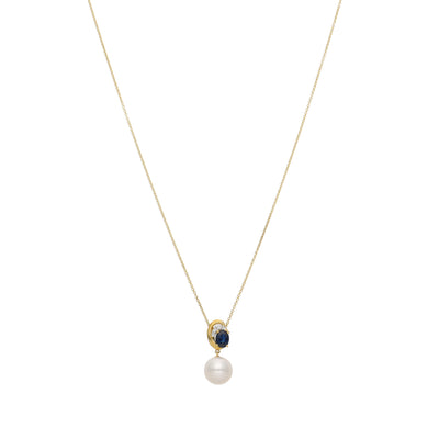 Collar Oro Amarillo, Perla, Zafiro Azul y Brillantes CO-14094