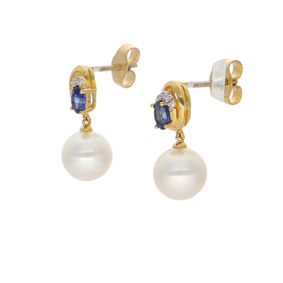 Aros Oro Amarillo Perla, Zafiro Azul y Brillantes AR-14095