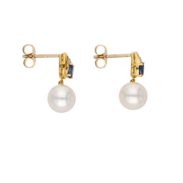 Aros Oro Amarillo Perla, Zafiro Azul y Brillantes AR-14095