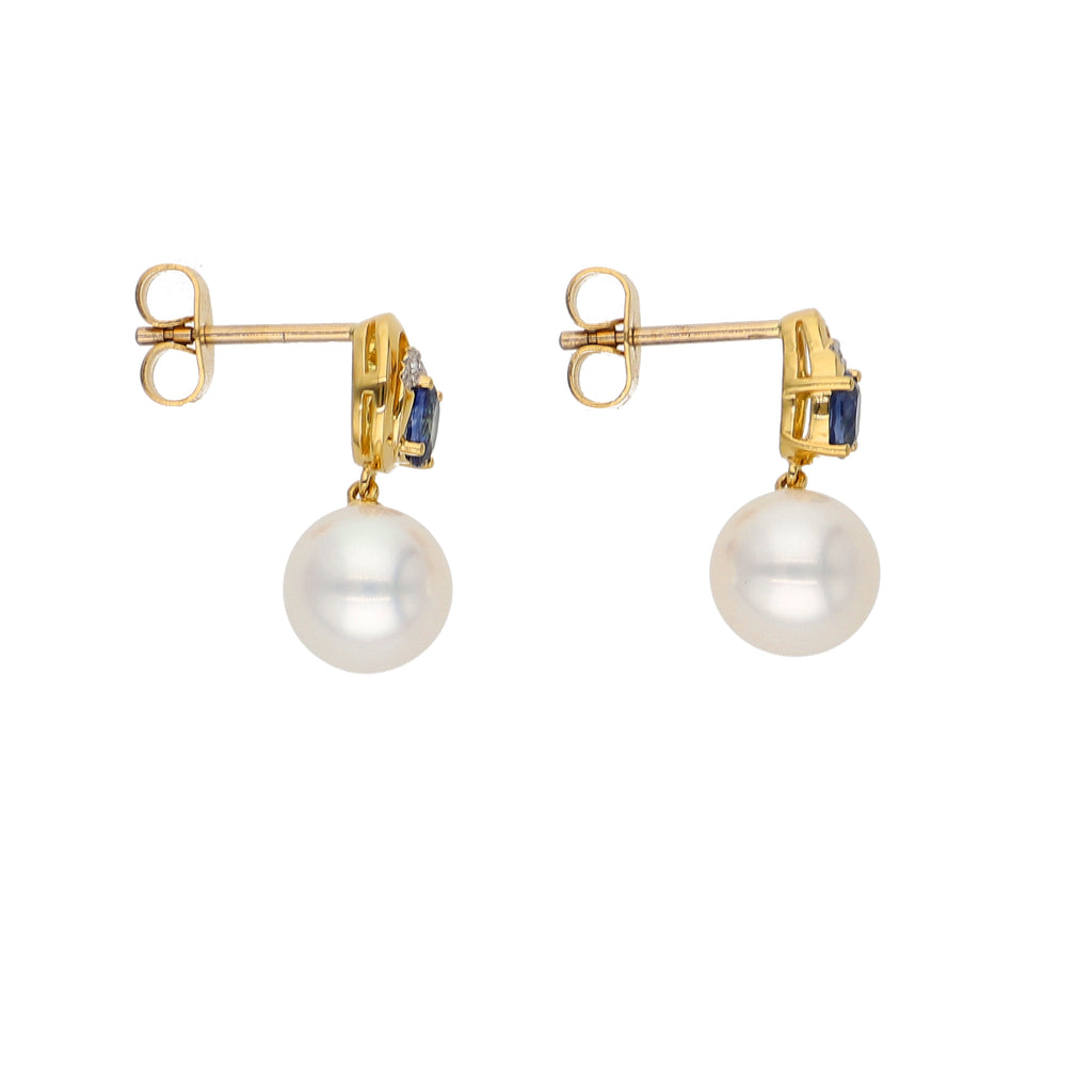 Aros Oro Amarillo Perla, Zafiro Azul y Brillantes AR-14095