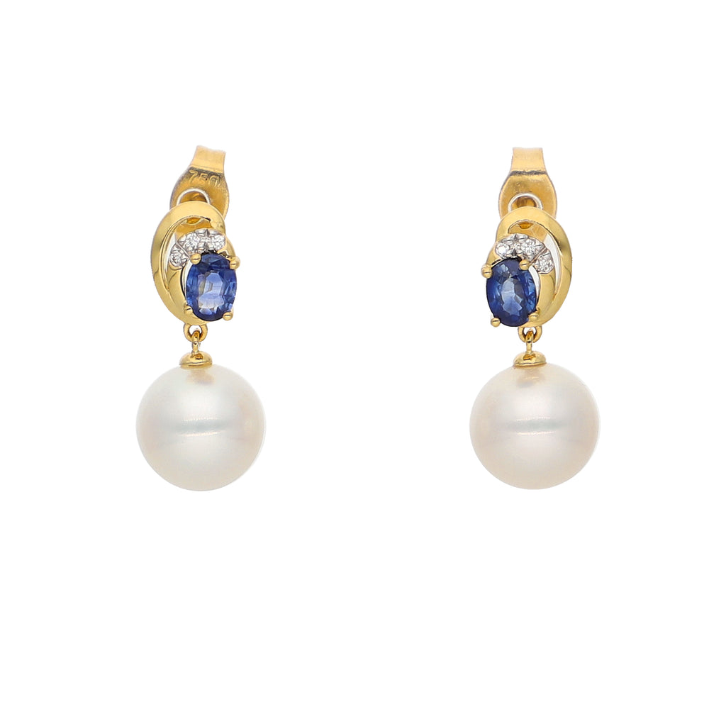 Aros Oro Amarillo Perla, Zafiro Azul y Brillantes AR-14095