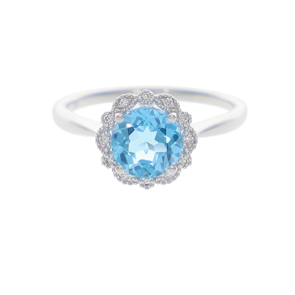 Anillo Oro Blanco, Topacio Azul y Brillantes AN-14104