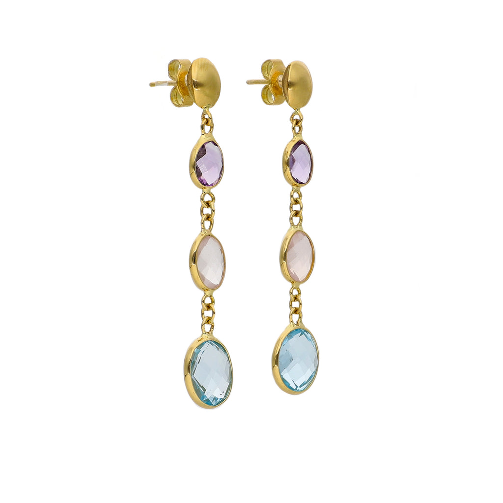 Aros Oro Amarillo Amatista, Cuarzo Rosa y Topacio Azul AR-14219