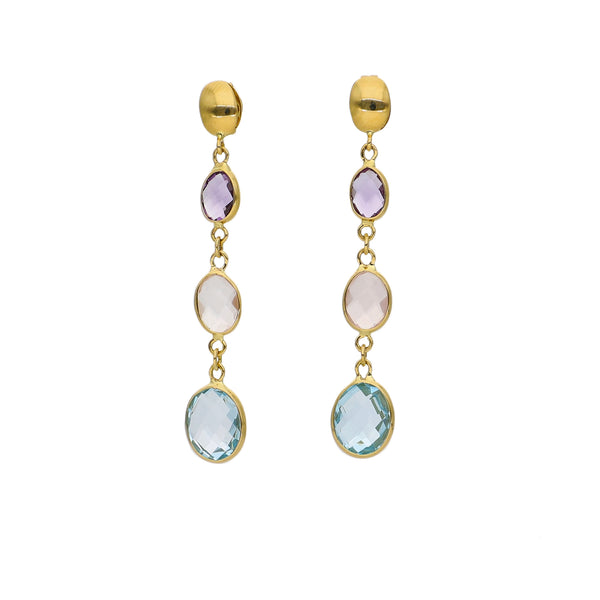 Aros Oro Amarillo Amatista, Cuarzo Rosa y Topacio Azul AR-14219