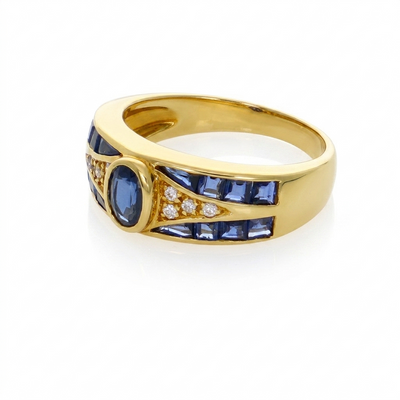 Anillo Oro Amarillo Zafiro Azul y Brillantes AN11203