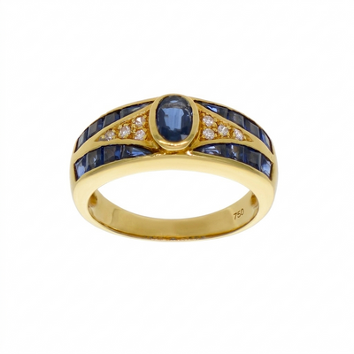 Anillo Oro Amarillo Zafiro Azul y Brillantes AN11203