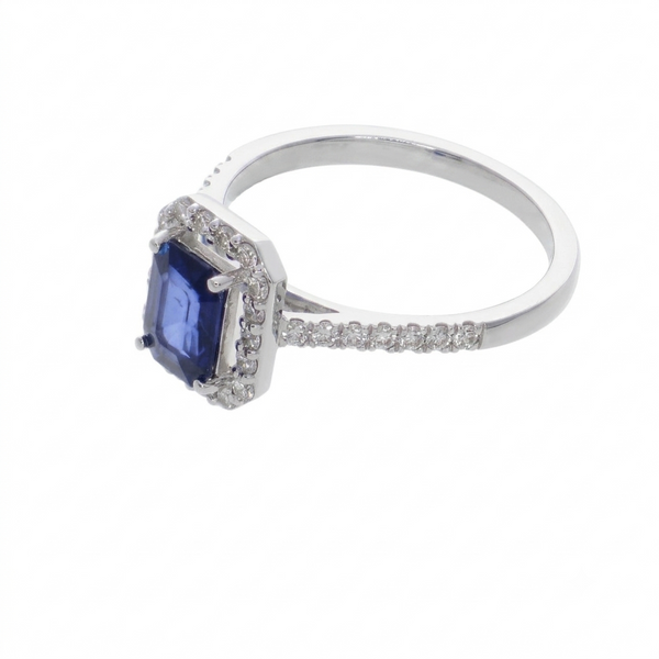 Anillo Oro Blanco 18K con Zafiro Azul Corte Esmeralda y Diamantes 1,17 ct | AN-14509