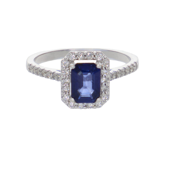 Anillo Oro Blanco 18K con Zafiro Azul Corte Esmeralda y Diamantes 1,17 ct | AN-14509