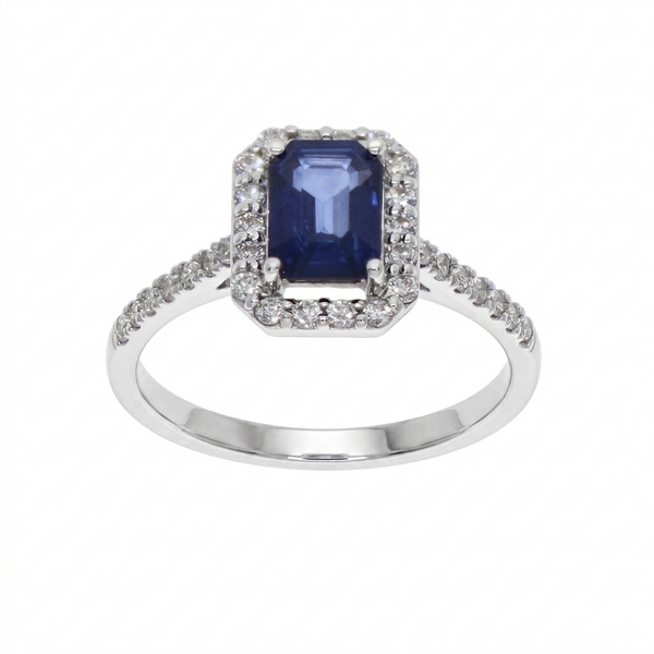 Anillo Oro Blanco 18K con Zafiro Azul Corte Esmeralda y Diamantes 1,17 ct | AN-14509