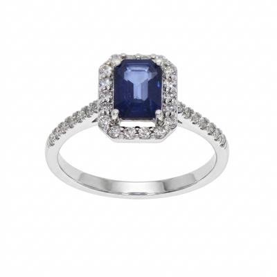 Anillo Oro Blanco 18K con Zafiro Azul Corte Esmeralda y Diamantes 1,17 ct | AN-14509