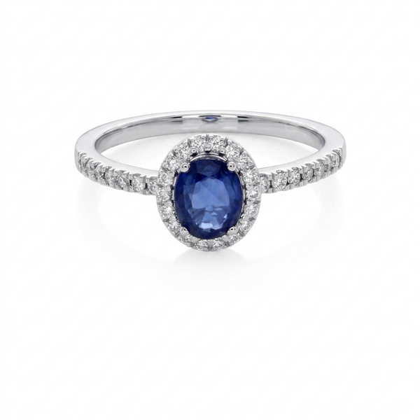 Anillo Oro Blanco 18K con Zafiro Azul Oval y Diamantes 0,96 ct | AN-14512