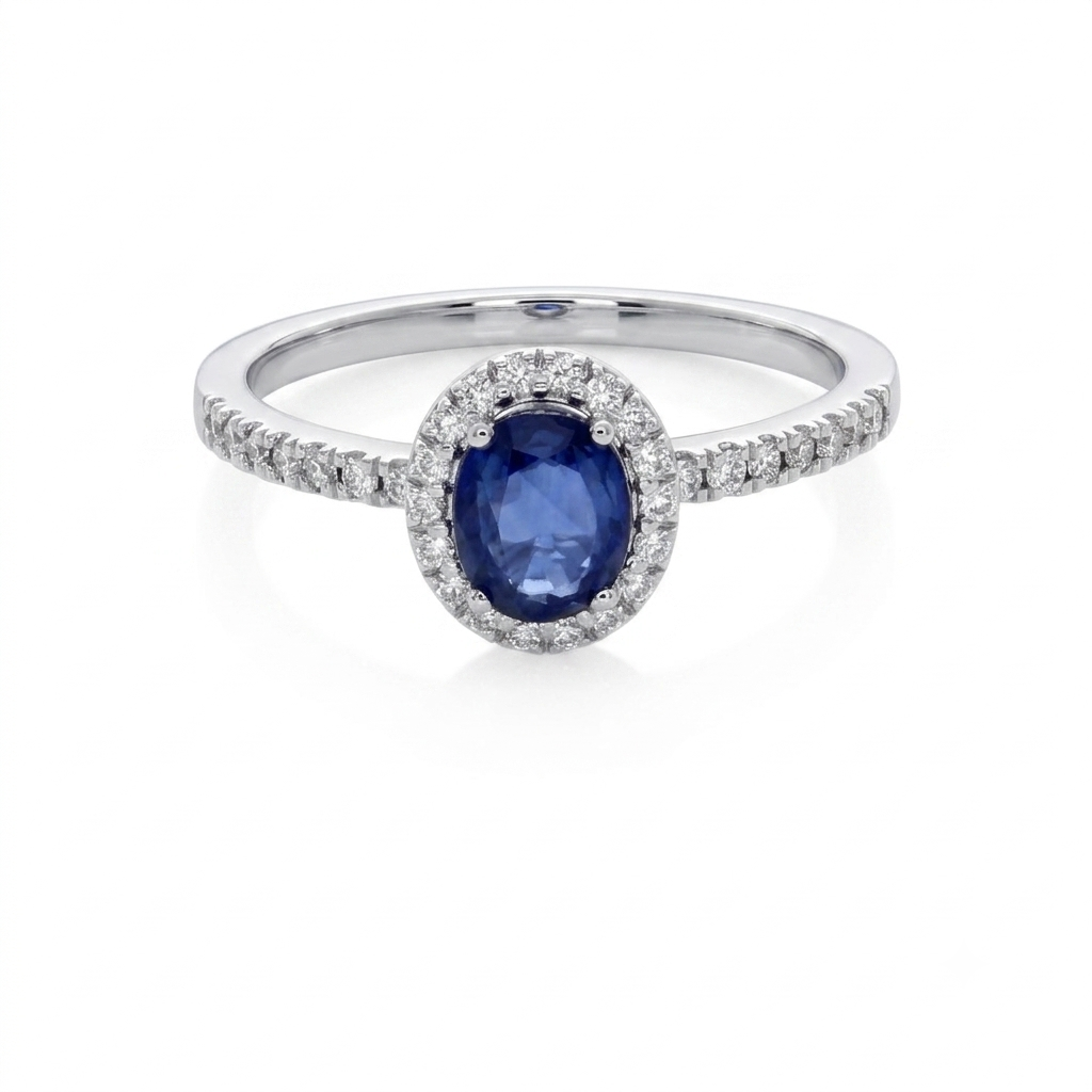 Anillo Oro Blanco 18K con Zafiro Azul Oval y Diamantes 0,96 ct | AN-14512