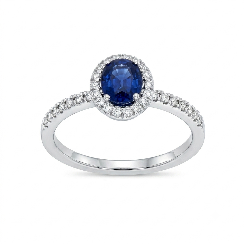 Anillo Oro Blanco 18K con Zafiro Azul Oval y Diamantes 0,96 ct | AN-14512