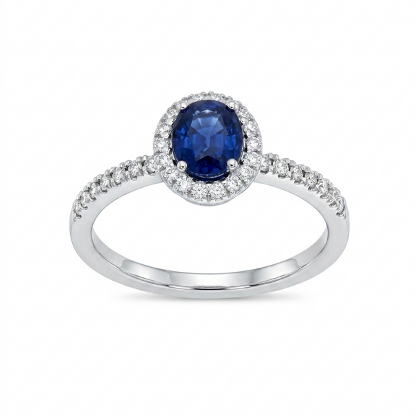 Anillo Oro Blanco 18K con Zafiro Azul Oval y Diamantes 0,96 ct | AN-14512