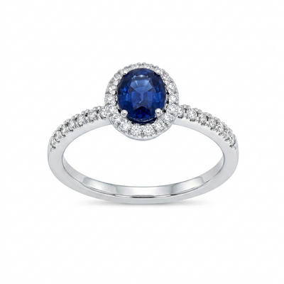 Anillo Oro Blanco 18K con Zafiro Azul Oval y Diamantes 0,96 ct | AN-14512