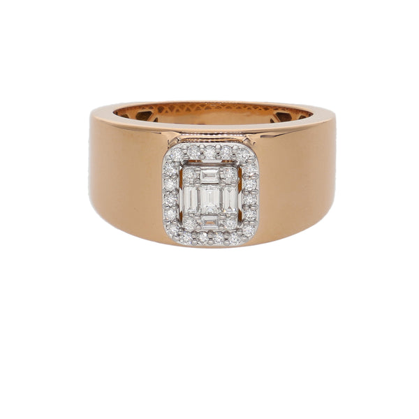 Anillo Oro Rosa 18K con Diamantes Baguette y Halo de Brillantes AN-14521