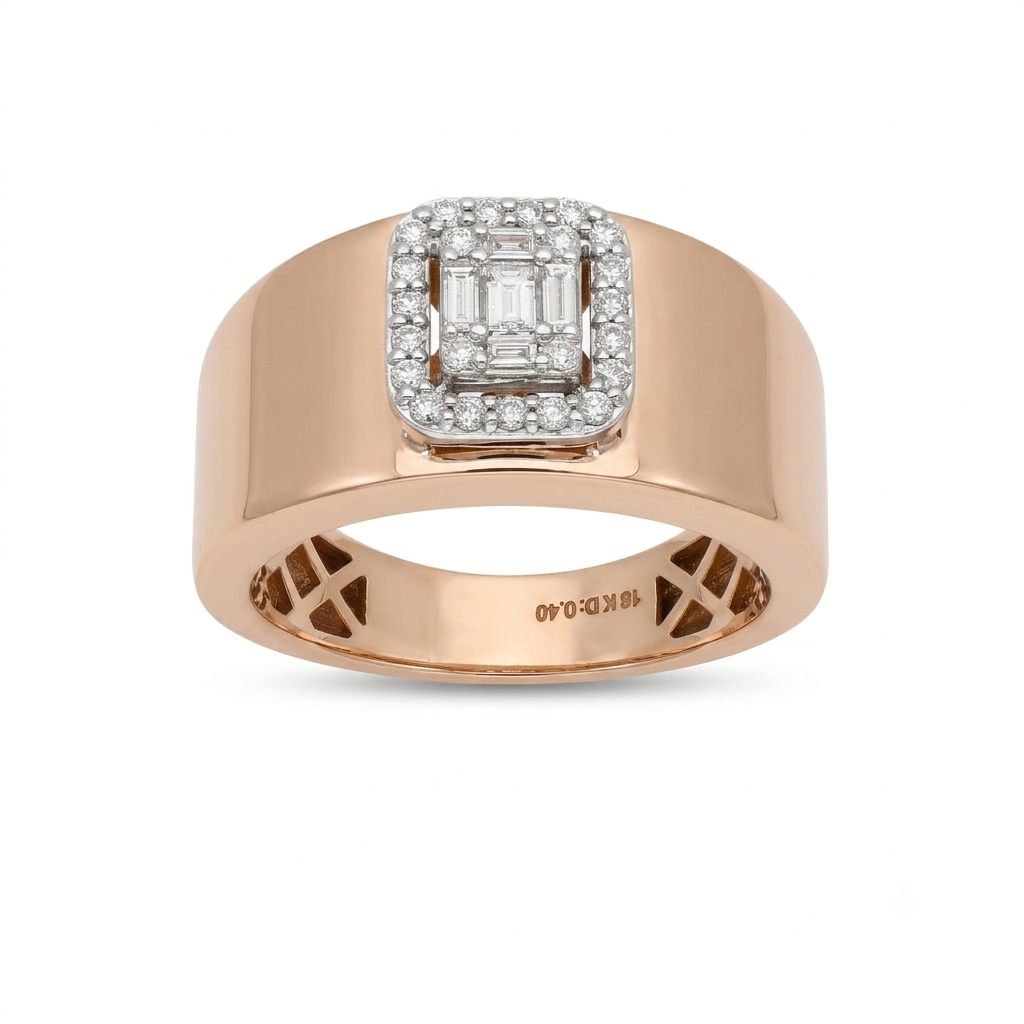 Anillo Oro Rosa 18K con Diamantes Baguette y Halo de Brillantes AN-14521