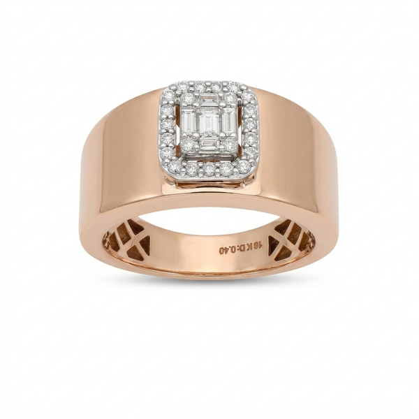 Anillo Oro Rosa 18K con Diamantes Baguette y Halo de Brillantes AN-14521