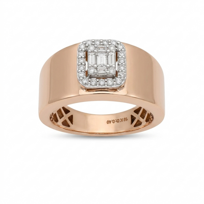Anillo Oro Rosa 18K con Diamantes Baguette y Halo de Brillantes AN-14521