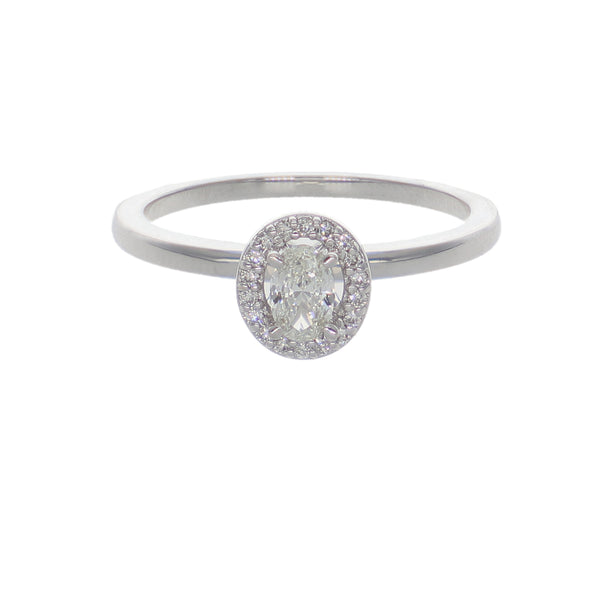 Anillo Oro Blanco 18K con Diamante Oval y Halo de Diamantes 0,26 ct | AN-14536