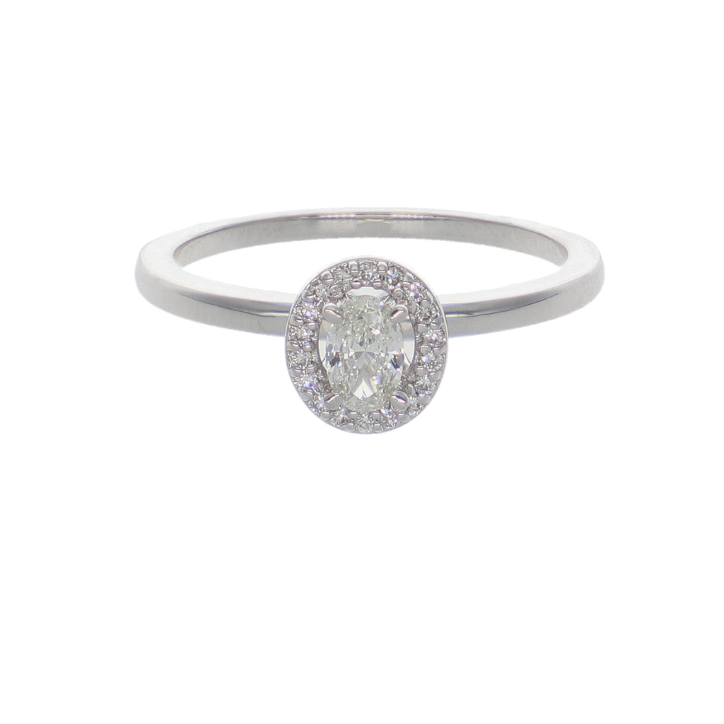 Anillo Oro Blanco 18K con Diamante Oval y Halo de Diamantes 0,26 ct | AN-14536