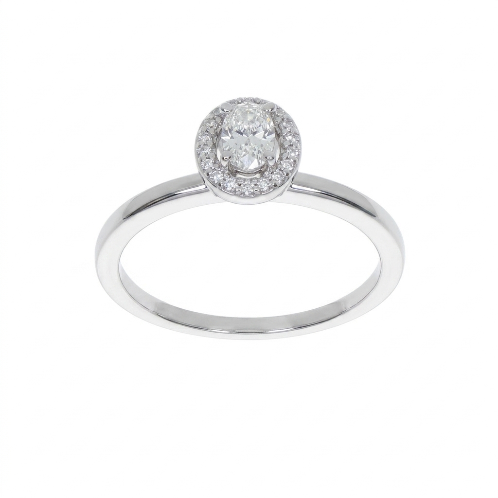 Anillo Oro Blanco 18K con Diamante Oval y Halo de Diamantes 0,26 ct | AN-14536