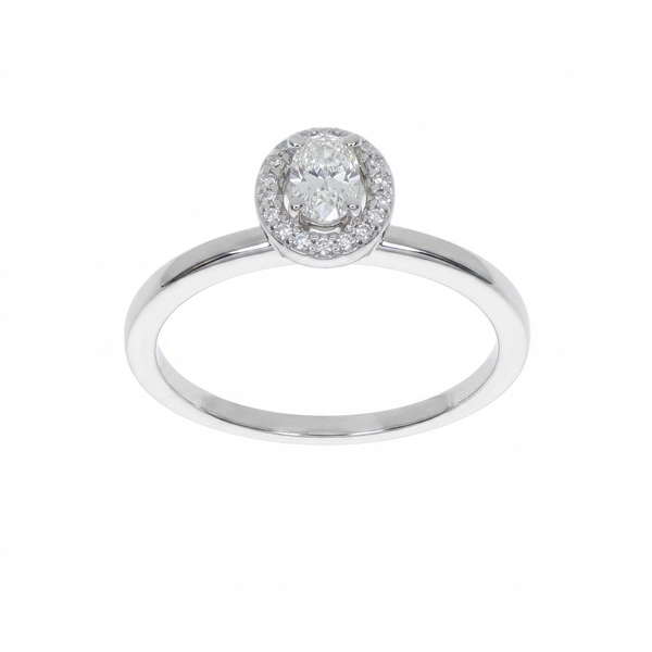 Anillo Oro Blanco 18K con Diamante Oval y Halo de Diamantes 0,26 ct | AN-14536