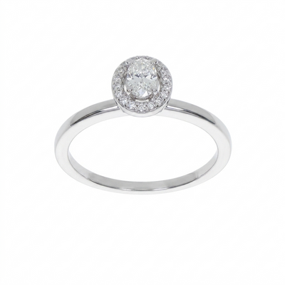 Anillo Oro Blanco 18K con Diamante Oval y Halo de Diamantes 0,26 ct | AN-14536