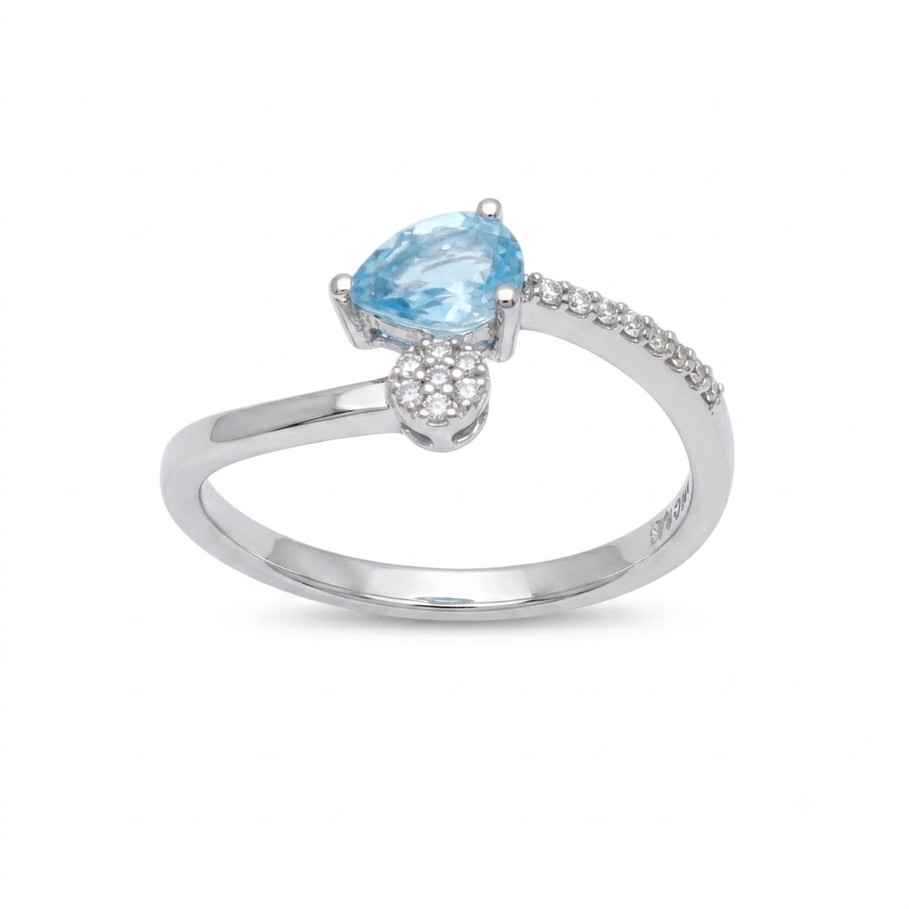 Anillo Oro Blanco 18K con Topacio Azul y Diamantes Tú y Yo  | AN-14539
