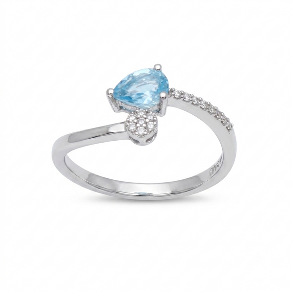 Anillo Oro Blanco 18K con Topacio Azul y Diamantes Tú y Yo  | AN-14539