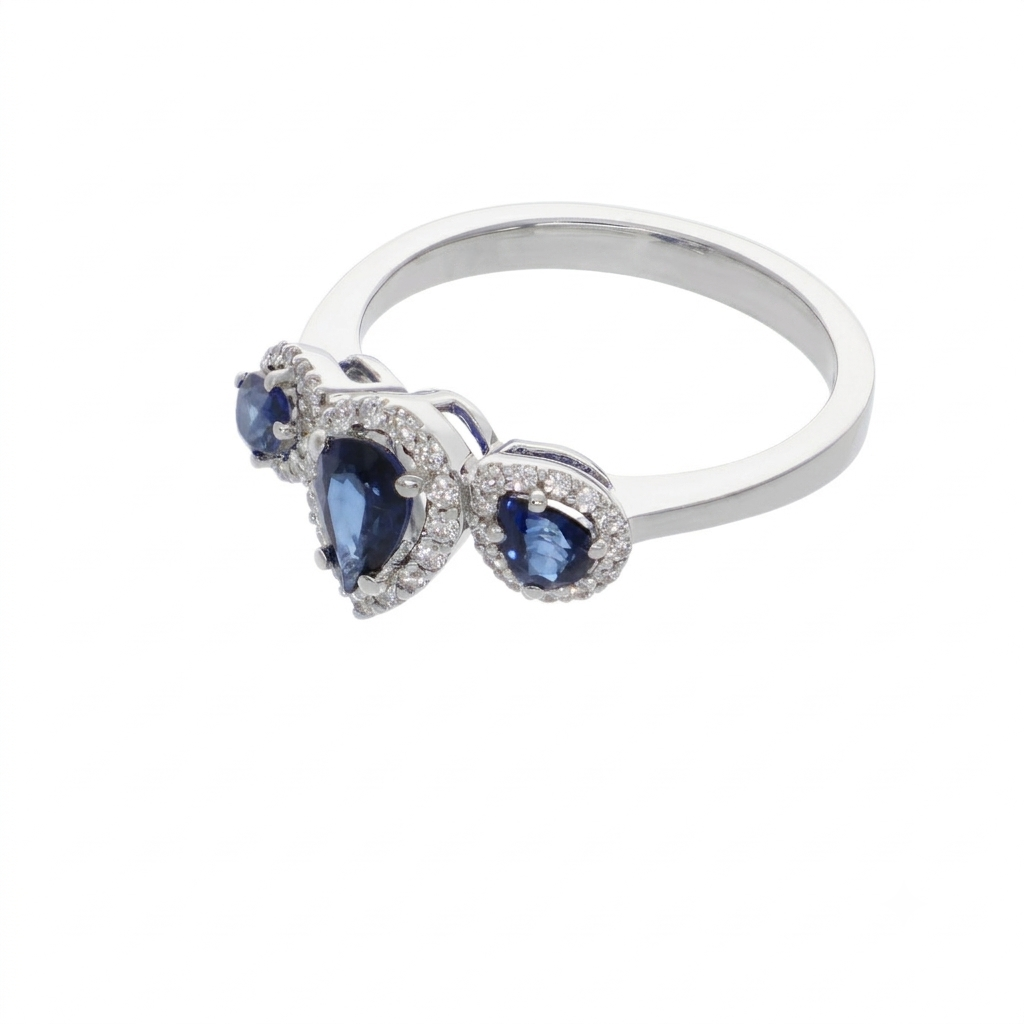 Anillo Tricillo Oro Blanco 18K con Zafiros Azules y Diamantes 1,08 ct | AN-14545