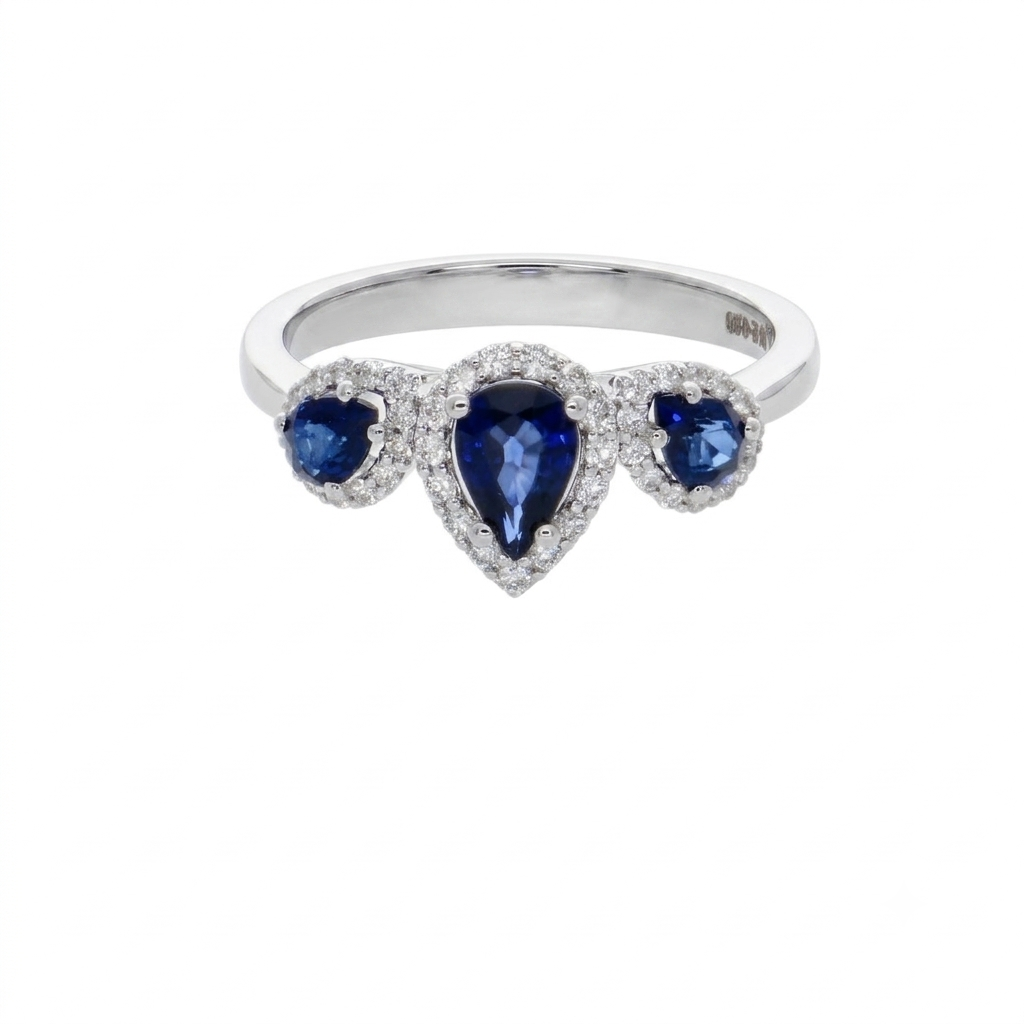Anillo Tricillo Oro Blanco 18K con Zafiros Azules y Diamantes 1,08 ct | AN-14545