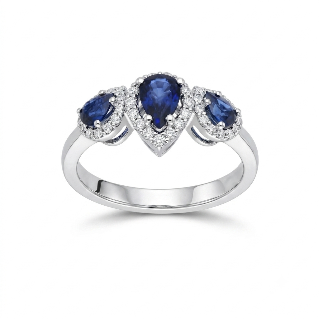 Anillo Tricillo Oro Blanco 18K con Zafiros Azules y Diamantes 1,08 ct | AN-14544