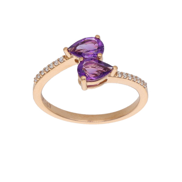 Anillo Oro Rosa 18K con Amatistas y Diamantes Tú y Yo  | AN-14545