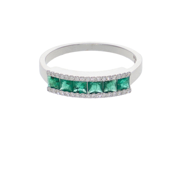 Anillo Oro Blanco Esmeraldas y Brillantes Medio Cintillo AN-14549