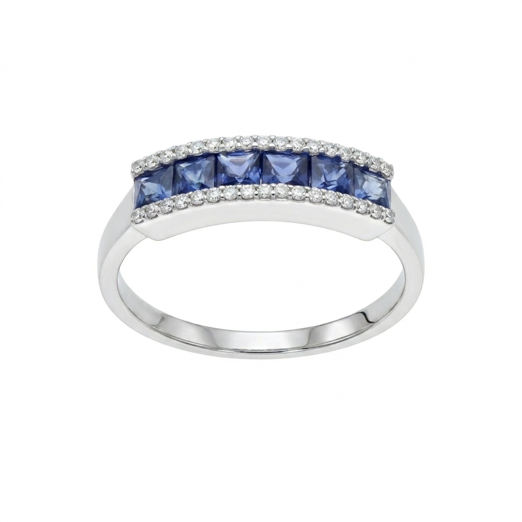 Anillo Oro Blanco Zafiro Azul y Brillantes AN-14558