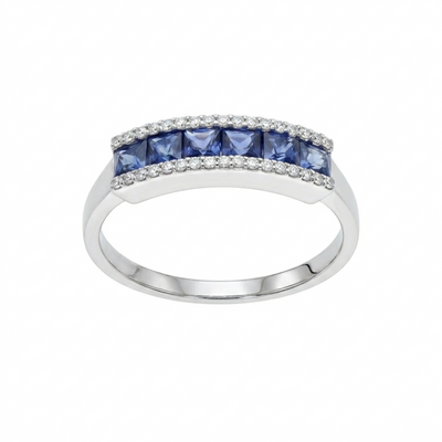 Anillo Oro Blanco Zafiro Azul y Brillantes AN-14558